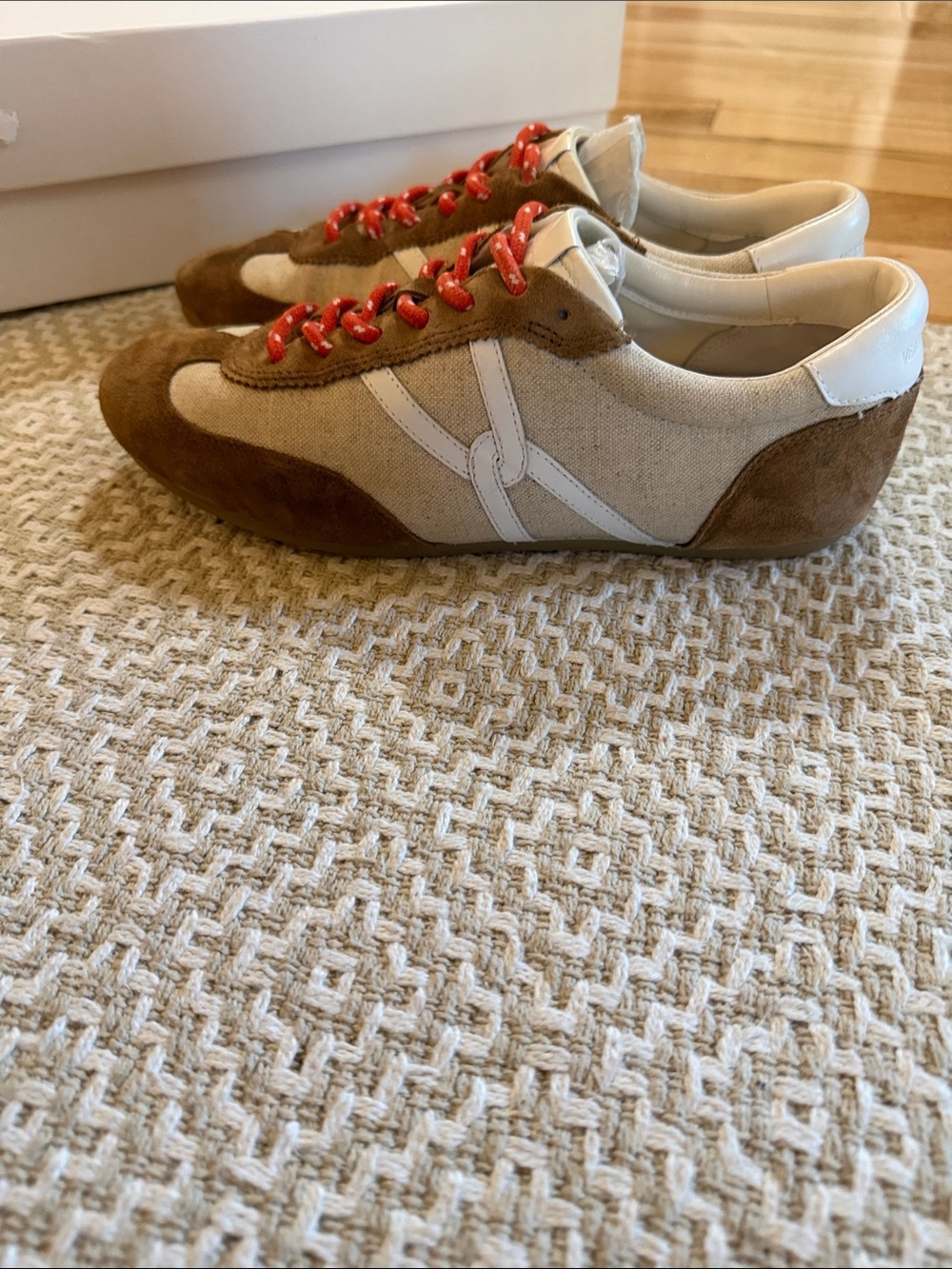 Veronica Beard Riviera Sneakers Brown Suede & White Patent with Red Laces - Picture 3 of 4